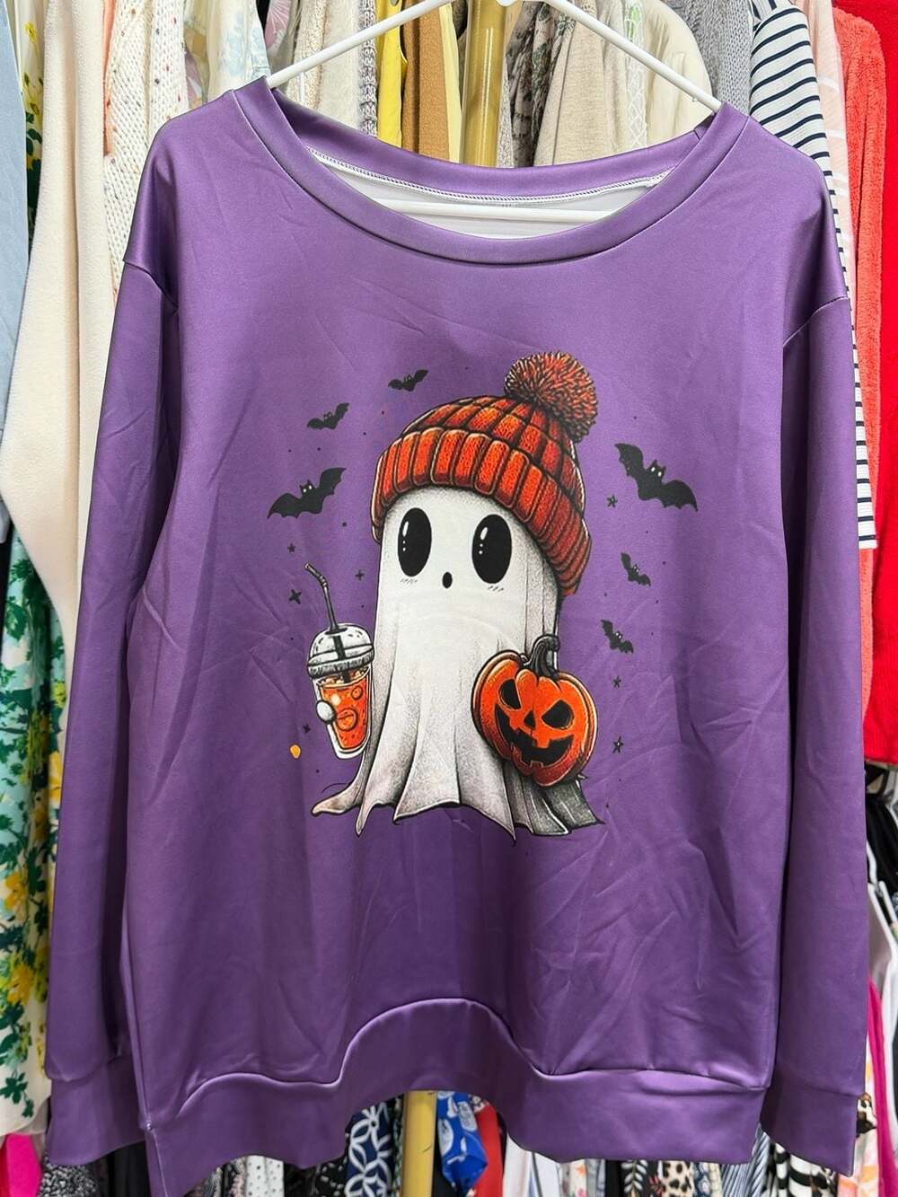 Unbranded Halloween Ghost Sweatshirt Size L Purple Pumpkin Coffee Graphic